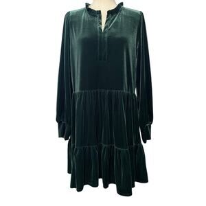 1. State Women's Velvet Mini Dress Long Sleeve Pullover Tiered sz  L Dark Green